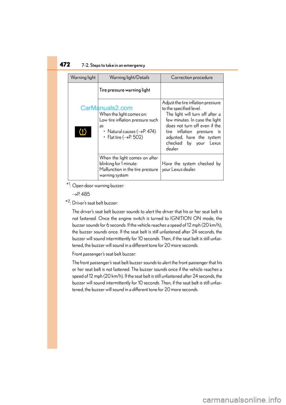 Lexus GS350 2015 Owners Manual 4727-2. Steps to take in an emergency
GS350_OM_OM30F69U_(U)
*1: Open door warning buzzer:→ P. 4 8 5
*2: Driver’s seat belt buzzer:
The driver’s seat belt buzzer sounds to alert the driver that Lexus GS350 2015 Owners Manual 4727-2. Steps to take in an emergency
GS350_OM_OM30F69U_(U)
*1: Open door warning buzzer:→ P. 4 8 5
*2: Driver’s seat belt buzzer:
The driver’s seat belt buzzer sounds to alert the driver that