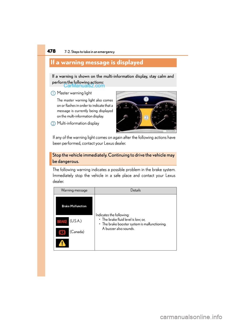 Lexus GS350 2015 Owners Manual 478
GS350_OM_OM30F69U_(U)
7-2. Steps to take in an emergency
If a warning message is displayed
Master warning light
The master warning light also comes
on or flashes in order to indicate that a
messag Lexus GS350 2015 Owners Manual 478
GS350_OM_OM30F69U_(U)
7-2. Steps to take in an emergency
If a warning message is displayed
Master warning light
The master warning light also comes
on or flashes in order to indicate that a
messag