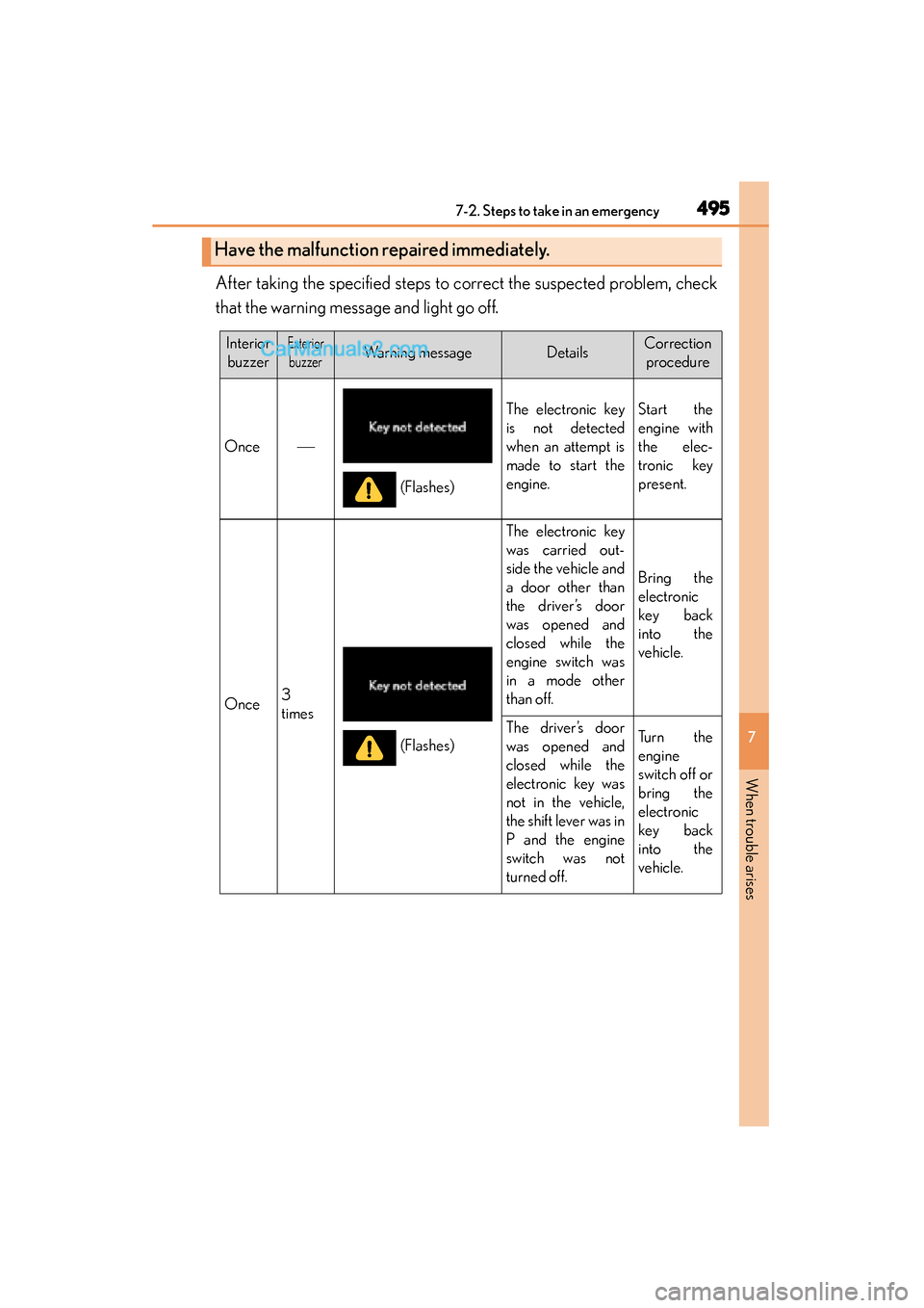 Lexus GS350 2015 Owners Manual 4957-2. Steps to take in an emergency
GS350_OM_OM30F69U_(U)
7
When trouble arises
After taking the specified steps to correct the suspected problem, check
that the warning message and light go off.
Ha Lexus GS350 2015 Owners Manual 4957-2. Steps to take in an emergency
GS350_OM_OM30F69U_(U)
7
When trouble arises
After taking the specified steps to correct the suspected problem, check
that the warning message and light go off.
Ha