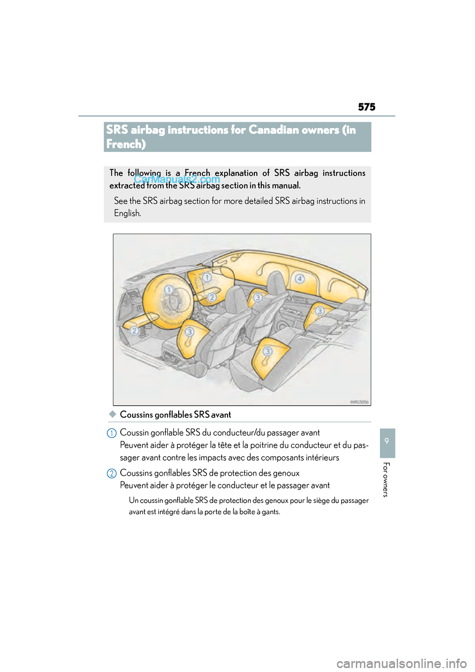 Lexus GS350 2015 Owners Manual 575
GS350_OM_OM30F69U_(U)
9
For owners
SRS airbag instructions for Canadian owners (in
French)
◆Coussins gonflables SRS avant
Coussin gonflable SRS du conducteur/du passager avant
Peuvent aider à Lexus GS350 2015 Owners Manual 575
GS350_OM_OM30F69U_(U)
9
For owners
SRS airbag instructions for Canadian owners (in
French)
◆Coussins gonflables SRS avant
Coussin gonflable SRS du conducteur/du passager avant
Peuvent aider à