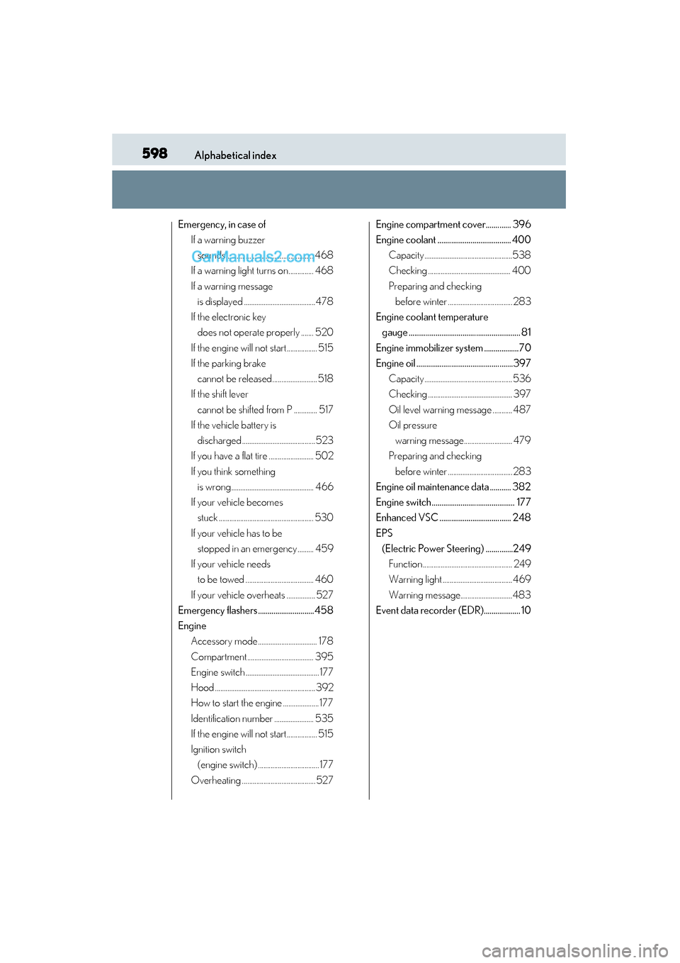 Lexus GS350 2015 Owners Manual 598Alphabetical index
GS350_OM_OM30F69U_(U)
Emergency, in case ofIf a warning buzzer
sounds................................................. 468
If a warning light turns on.............. 468
If a war Lexus GS350 2015 Owners Manual 598Alphabetical index
GS350_OM_OM30F69U_(U)
Emergency, in case ofIf a warning buzzer
sounds................................................. 468
If a warning light turns on.............. 468
If a war