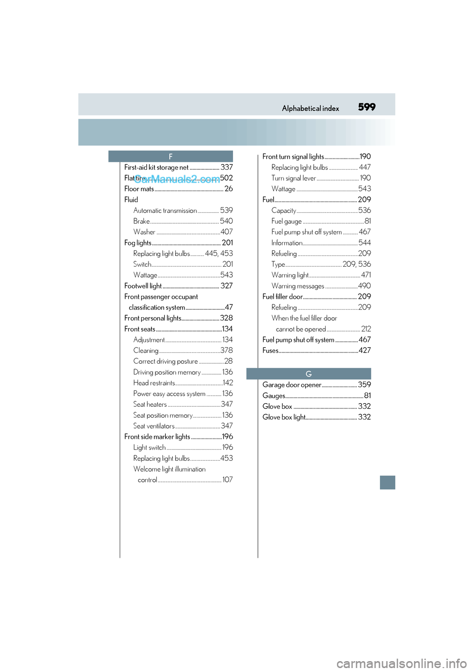 Lexus GS350 2015  Owners Manual 599Alphabetical index
GS350_OM_OM30F69U_(U)
First-aid kit storage net ...................... 337
Flat tire ...................................................... 502
Floor mats .......................