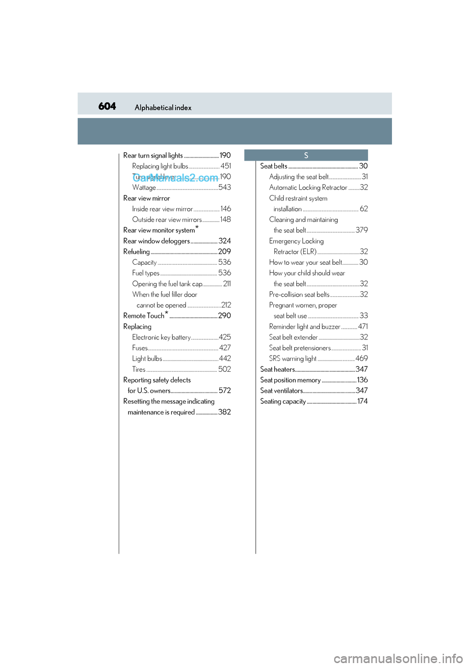 Lexus GS350 2015 Owners Manual 604Alphabetical index
GS350_OM_OM30F69U_(U)
Rear turn signal lights .......................... 190Replacing light bulbs ......................... 451
Turn signal lever ................................ Lexus GS350 2015 Owners Manual 604Alphabetical index
GS350_OM_OM30F69U_(U)
Rear turn signal lights .......................... 190Replacing light bulbs ......................... 451
Turn signal lever ................................