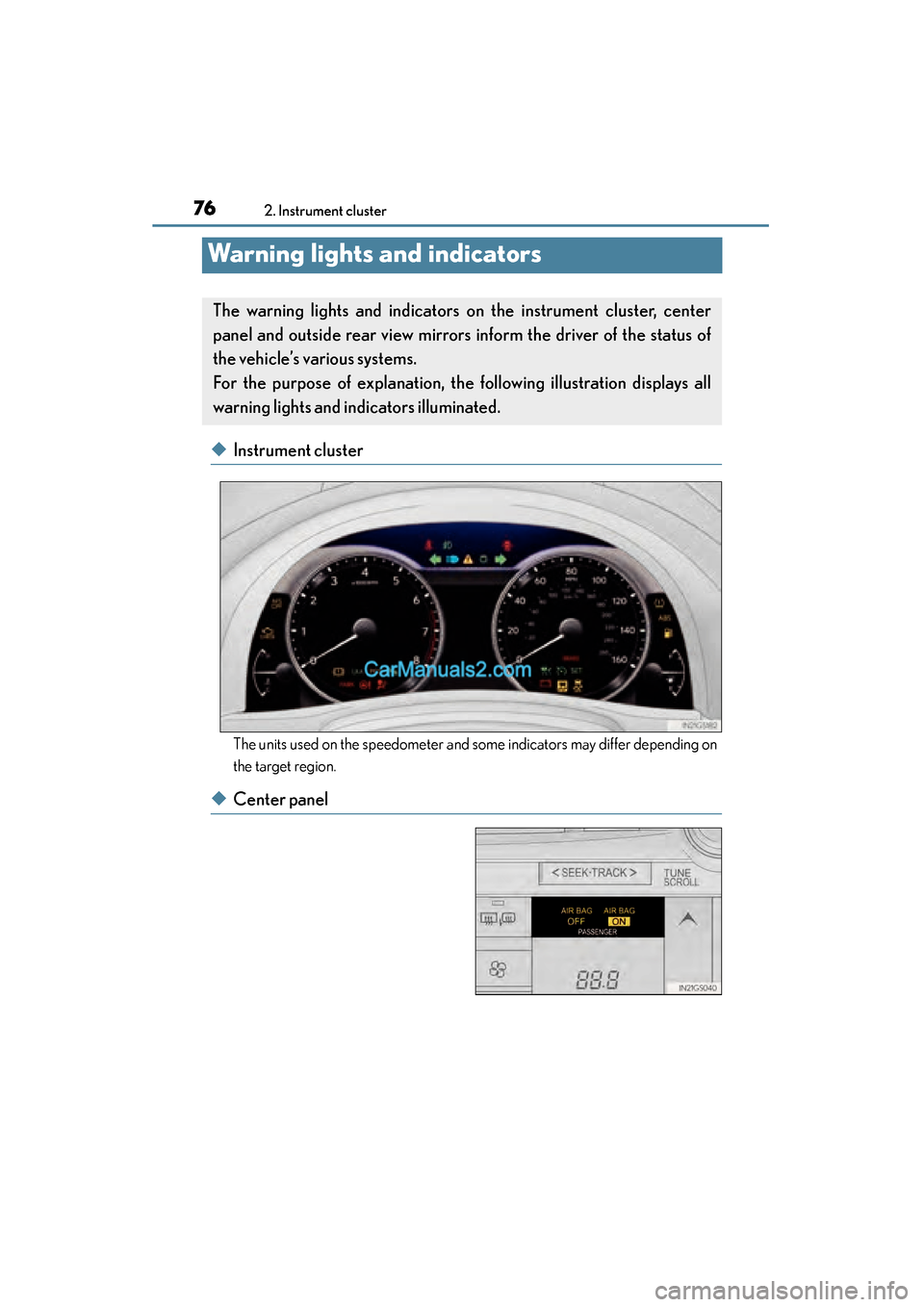 Lexus GS350 2015 User Guide 76
GS350_OM_OM30F69U_(U)
2. Instrument cluster
Warning lights and indicators
◆Instrument cluster
The units used on the speedometer and some indicators may differ depending on
the target region.
◆C Lexus GS350 2015 User Guide 76
GS350_OM_OM30F69U_(U)
2. Instrument cluster
Warning lights and indicators
◆Instrument cluster
The units used on the speedometer and some indicators may differ depending on
the target region.
◆C