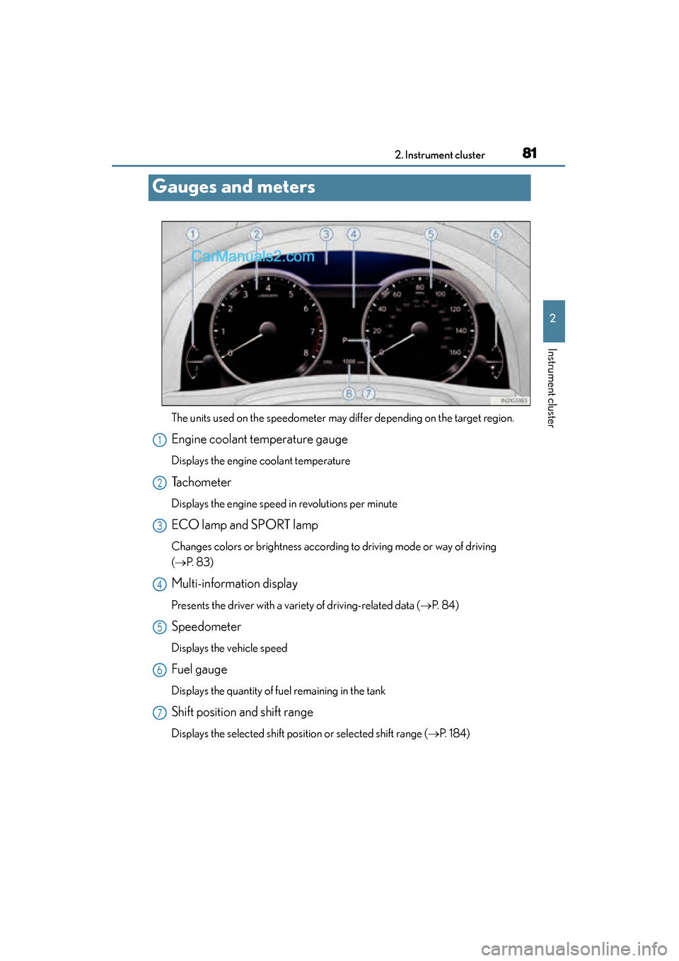 Lexus GS350 2015  Owners Manual 81
GS350_OM_OM30F69U_(U)2. Instrument cluster
2
Instrument cluster
Gauges and meters
The units used on the speedometer may differ depending on the target region.
Engine coolant temperature gauge
Displ
