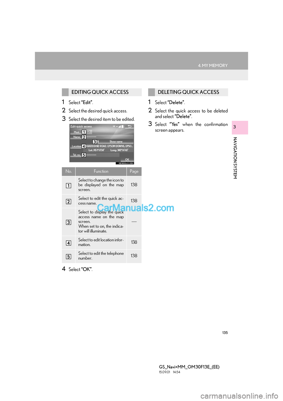 Lexus GS350 2015 Navigation Manual 135
4. MY MEMORY
GS_Navi+MM_OM30F13E_(EE)
15.09.01 14:54
NAVIGATION SYSTEM
3
1Select “Edit”.
2Select the desired quick access.
3Select the desired item to be edited.
4Select “OK”.
1Select Lexus GS350 2015 Navigation Manual 135
4. MY MEMORY
GS_Navi+MM_OM30F13E_(EE)
15.09.01 14:54
NAVIGATION SYSTEM
3
1Select “Edit”.
2Select the desired quick access.
3Select the desired item to be edited.
4Select “OK”.
1Select