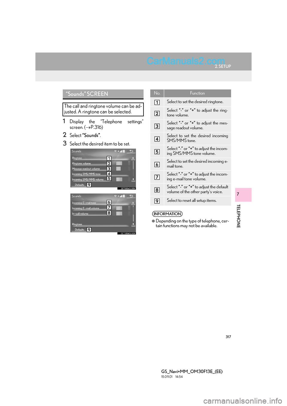 Lexus GS350 2015 Navigation Manual 317
2. SETUP
TELEPHONE
GS_Navi+MM_OM30F13E_(EE)
15.09.01 14:54
7
1Display the “Telephone settings”
screen. (→P.316)
2Select “Sounds” .
3Select the desired item to be set.
“Sounds” S Lexus GS350 2015 Navigation Manual 317
2. SETUP
TELEPHONE
GS_Navi+MM_OM30F13E_(EE)
15.09.01 14:54
7
1Display the “Telephone settings”
screen. (→P.316)
2Select “Sounds” .
3Select the desired item to be set.
“Sounds” S