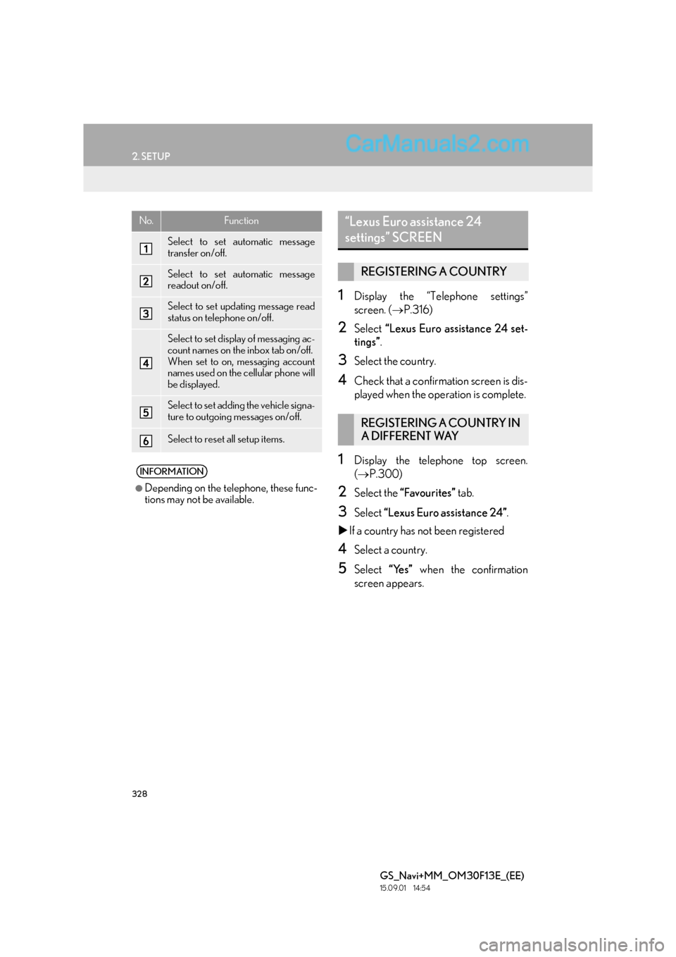 Lexus GS350 2015  Navigation Manual 328
2. SETUP
GS_Navi+MM_OM30F13E_(EE)
15.09.01     14:54
1Display the “Telephone settings”
screen. (→P.316)
2Select  “Lexus Euro assistance 24 set-
tings” .
3Select the country.
4Check that 