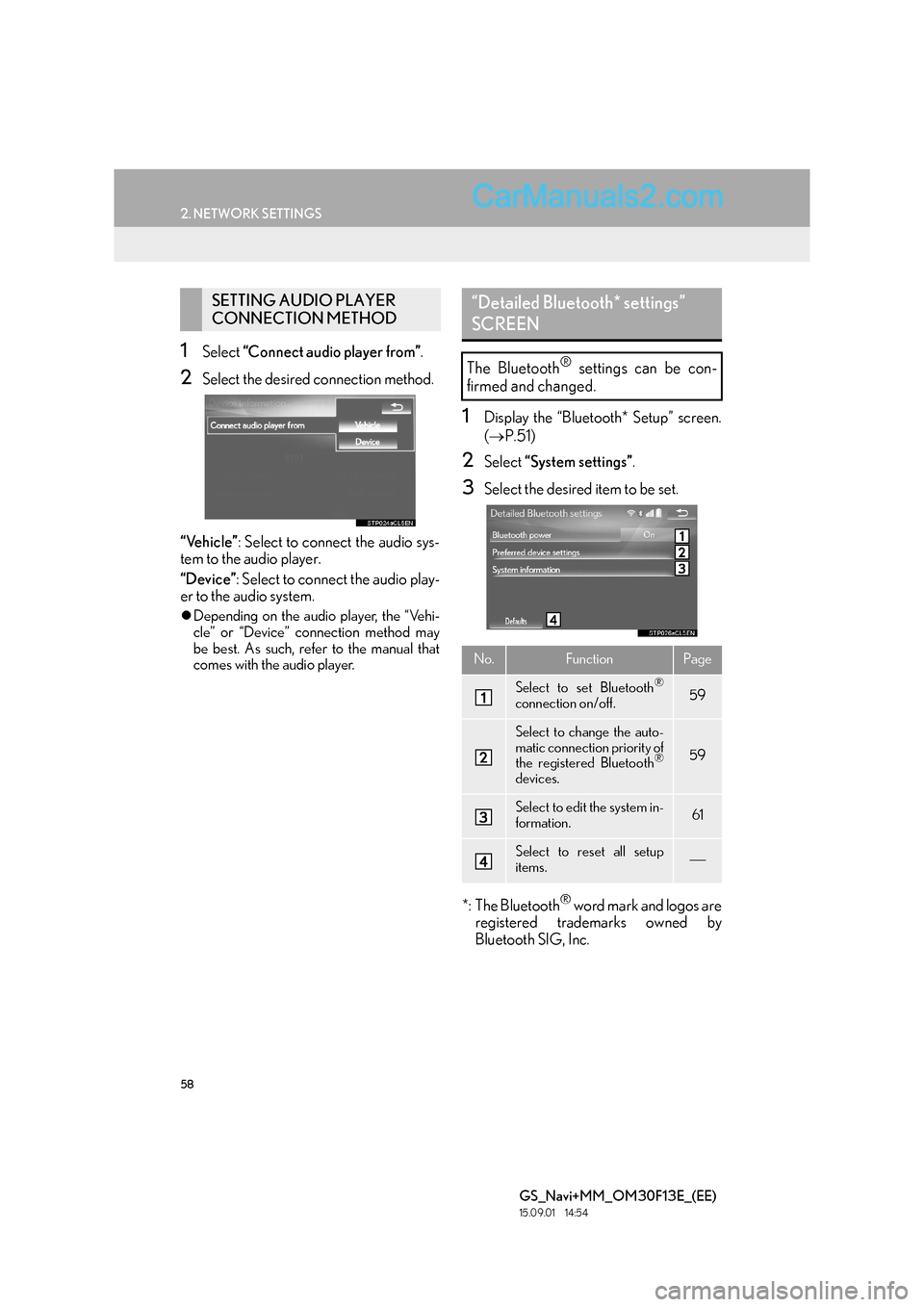 Lexus GS350 2015 Navigation Manual 58
2. NETWORK SETTINGS
GS_Navi+MM_OM30F13E_(EE)
15.09.01 14:54
1Select “Connect audio player from” .
2Select the desired connection method.
“Vehicle” : Select to connect the audio sys-
tem Lexus GS350 2015 Navigation Manual 58
2. NETWORK SETTINGS
GS_Navi+MM_OM30F13E_(EE)
15.09.01 14:54
1Select “Connect audio player from” .
2Select the desired connection method.
“Vehicle” : Select to connect the audio sys-
tem
