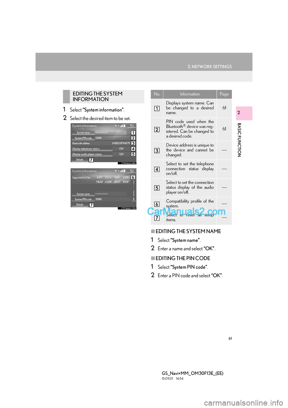 Lexus GS350 2015  Navigation Manual 61
2. NETWORK SETTINGS
BASIC FUNCTION
GS_Navi+MM_OM30F13E_(EE)
15.09.01     14:54
21Select “System information” .
2Select the desired item to be set.
■EDITING THE SYSTEM NAME
1Select  “System 