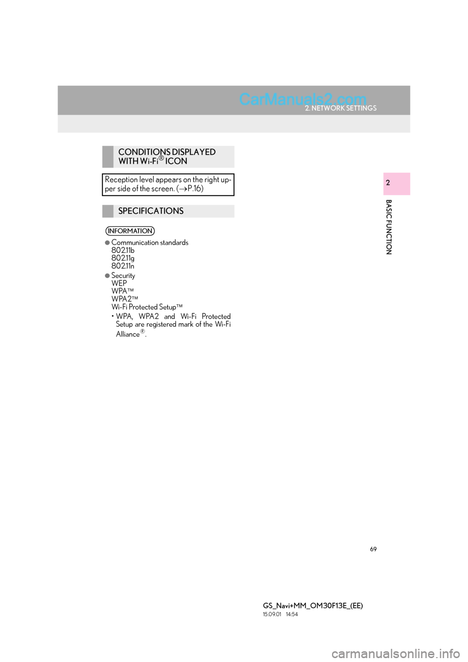 Lexus GS350 2015  Navigation Manual 69
2. NETWORK SETTINGS
BASIC FUNCTION
GS_Navi+MM_OM30F13E_(EE)
15.09.01     14:54
2
CONDITIONS DISPLAYED 
WITH Wi-Fi® ICON
Reception level appears on the right up-
per side of the screen. ( →P.16)
