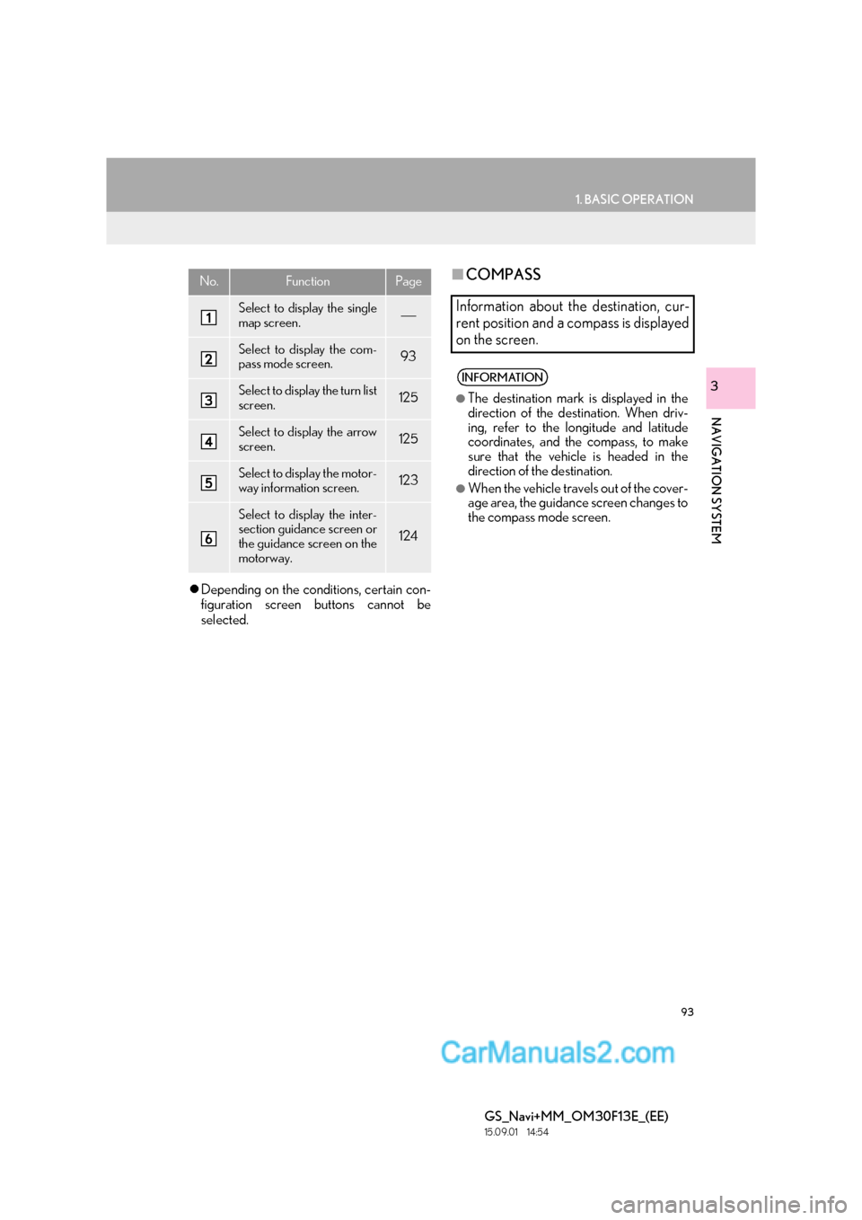 Lexus GS350 2015  Navigation Manual 93
1. BASIC OPERATION
GS_Navi+MM_OM30F13E_(EE)
15.09.01     14:54
NAVIGATION SYSTEM
3
�zDepending on the conditions, certain con-
figuration screen buttons cannot be
selected.
■ COMPASSNo.FunctionPa