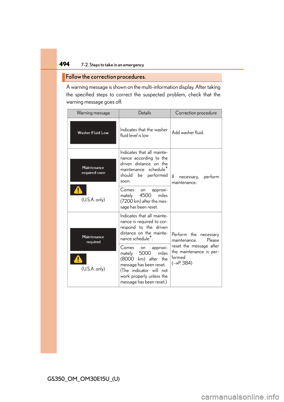 Lexus GS350 2015  RADIO OPERATION / LEXUS 2015 GS350 OWNERS MANUAL (OM30E15U) 4947-2. Steps to take in an emergency
GS350_OM_OM30E15U_(U)A warning message is shown on the mu
lti-information display. After taking
the specified steps to correct the  suspected problem, check that 