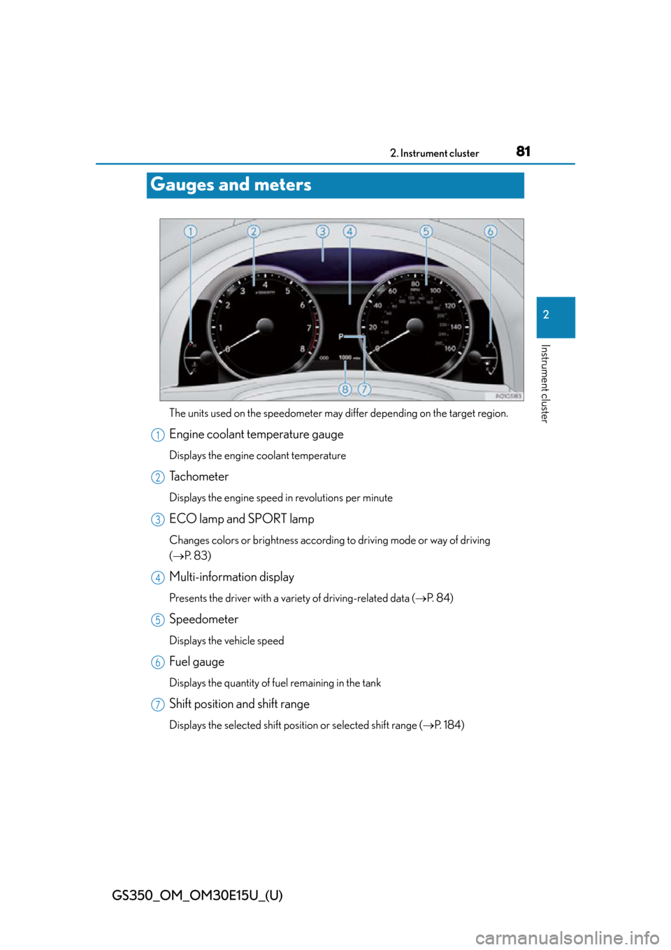 Lexus GS350 2015  RADIO OPERATION / LEXUS 2015 GS350 OWNERS MANUAL (OM30E15U) 81
GS350_OM_OM30E15U_(U)2. Instrument cluster
2
Instrument cluster
Gauges and meters
The units used on the speedometer may di ffer depending on the target region.
Engine coolant temperature gauge
Disp