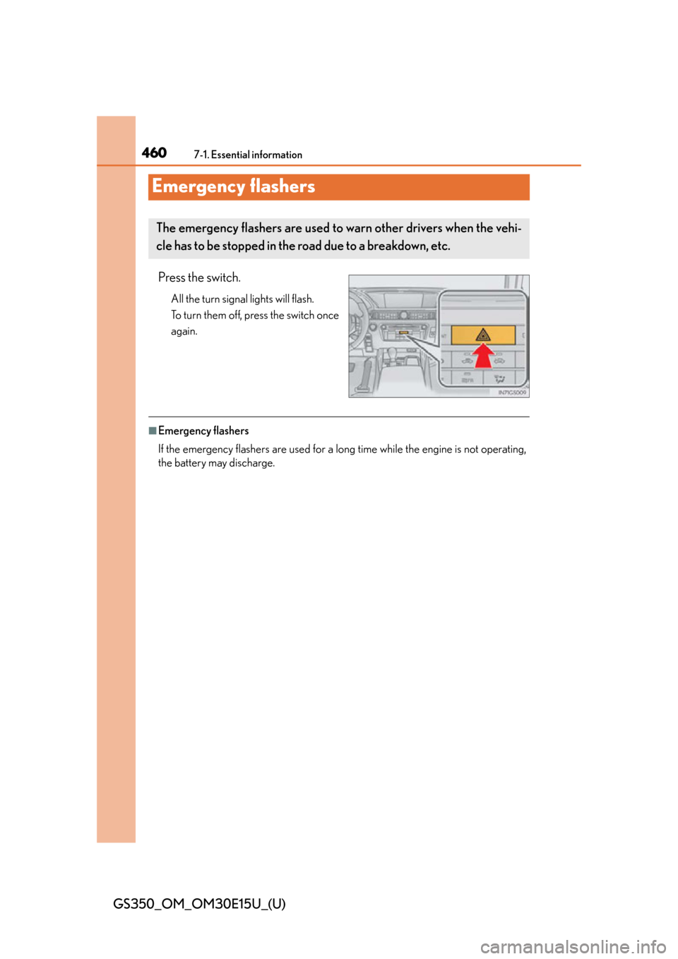 Lexus GS350 2015  INTUITIVE PARKING ASSIST / LEXUS 2015 GS350  (OM30E15U) Service Manual 460
GS350_OM_OM30E15U_(U)
7-1. Essential information
Emergency flashers
Press the switch.
All the turn signal lights will flash.
To turn them off, press the switch once
again.
■Emergency flashers
If