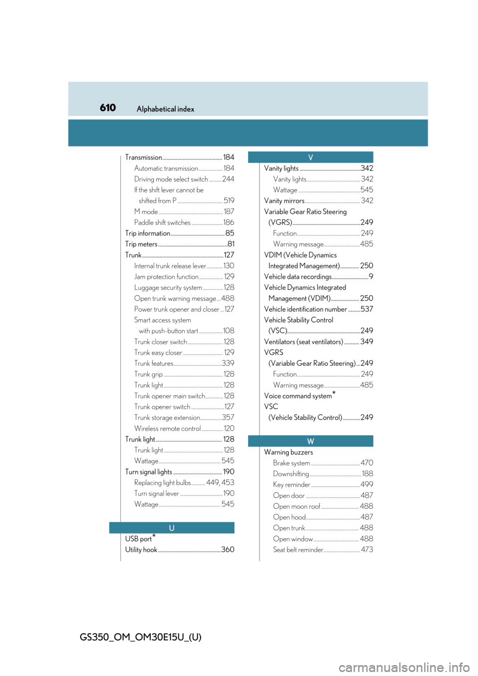 Lexus GS350 2015  INTUITIVE PARKING ASSIST / LEXUS 2015 GS350 OWNERS MANUAL (OM30E15U) 610Alphabetical index
GS350_OM_OM30E15U_(U)
Transmission............................................ 184Automatic transmission ................... 184
Driving mode select switch .......... 244
If the 