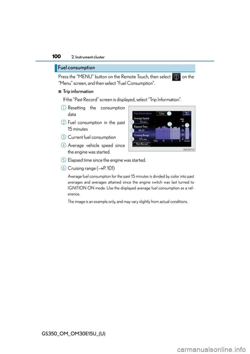 Lexus GS350 2015  INTUITIVE PARKING ASSIST / LEXUS 2015 GS350 OWNERS MANUAL (OM30E15U) 100
GS350_OM_OM30E15U_(U)
2. Instrument cluster
Press the “MENU” button on the Remote Touch, then select   on the
“Menu” screen, and then select “Fuel Consumption”.
■Trip information
If 
