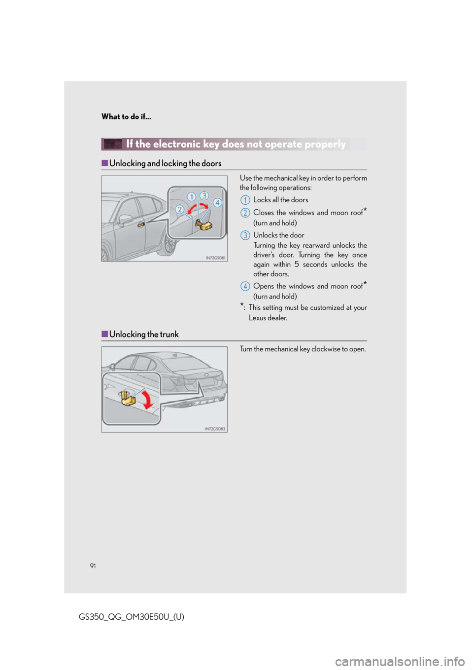 Lexus GS350 2015 INTUITIVE PARKING ASSIST / LEXUS 2015 GS350 OWNERS MANUAL QUICK GUIDE (OM30E50U) What to do if...
91
GS350_QG_OM30E50U_(U)
If the electronic key does not operate properly
■Unlocking and locking the doors
Use the mechanical key in order to perform
the following operations:
Locks Lexus GS350 2015 INTUITIVE PARKING ASSIST / LEXUS 2015 GS350 OWNERS MANUAL QUICK GUIDE (OM30E50U) What to do if...
91
GS350_QG_OM30E50U_(U)
If the electronic key does not operate properly
■Unlocking and locking the doors
Use the mechanical key in order to perform
the following operations:
Locks