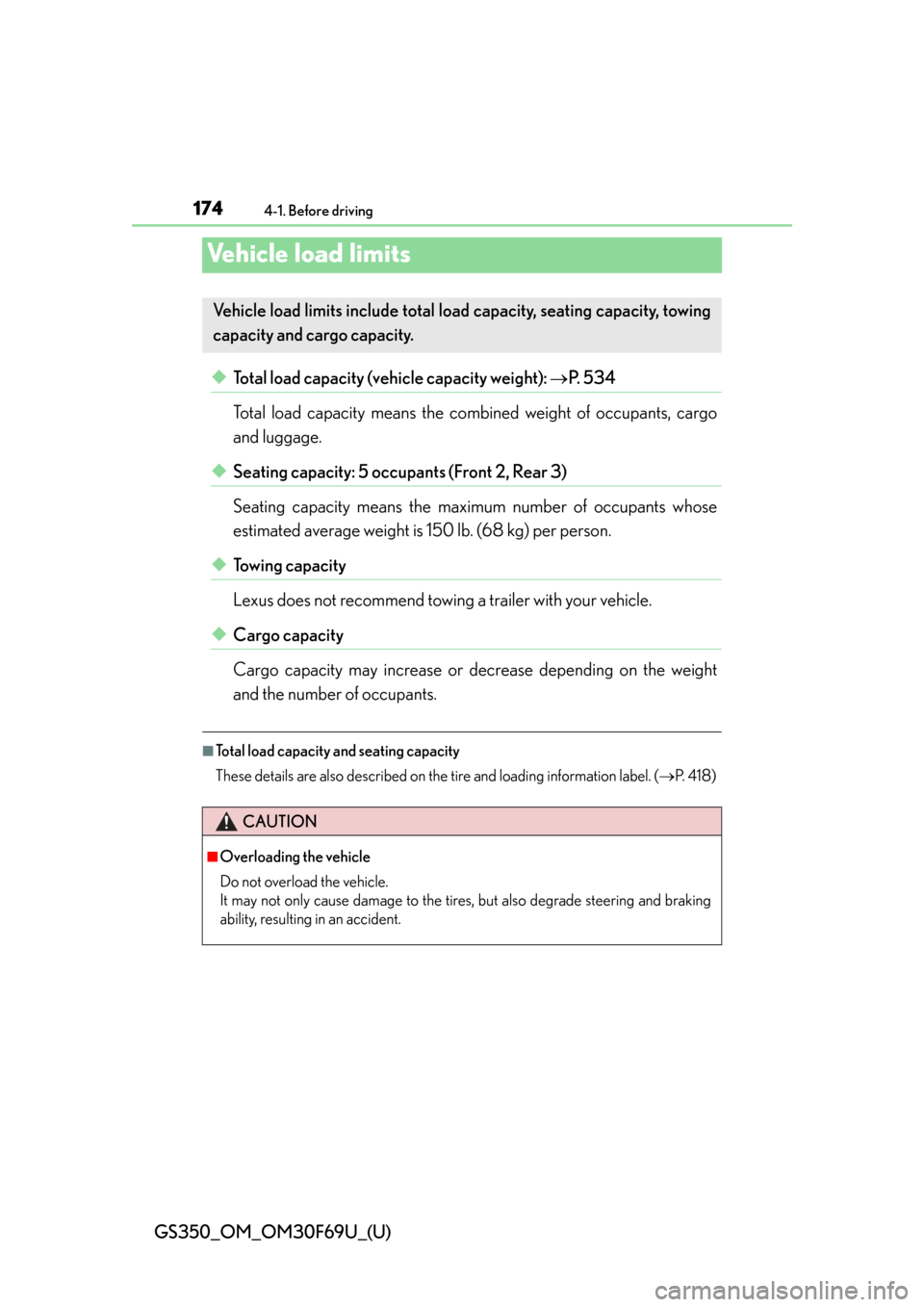 Lexus GS350 2015  INTUITIVE PARKING ASSIST / LEXUS 2015 GS350 FROM MAR. 2015 PROD. OWNERS MANUAL (OM30F69U) 174
GS350_OM_OM30F69U_(U)
4-1. Before driving
Vehicle load limits
◆Total load capacity (vehicle capacity weight): P.  5 3 4
Total load capacity me ans the combined weight  of occupants, cargo
and