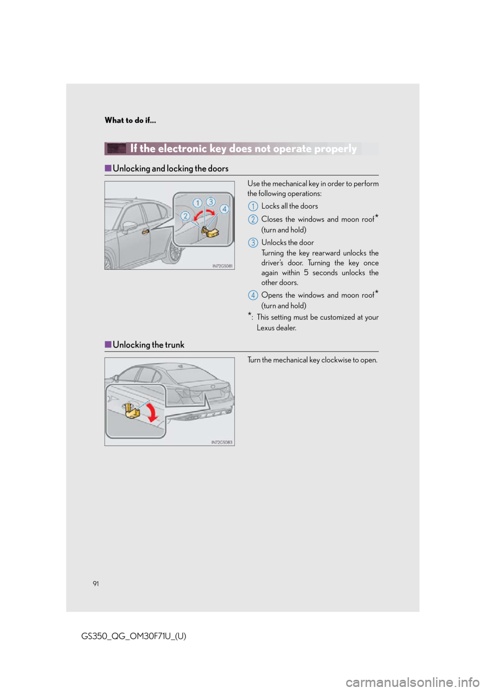 Lexus GS350 2015 INTUITIVE PARKING ASSIST / LEXUS 2015 GS350 FROM MAR. 2015 PROD. QUICK GUIDE OWNERS MANUAL (OM30F71U) What to do if...
91
GS350_QG_OM30F71U_(U)
If the electronic key does not operate properly
■Unlocking and locking the doors
Use the mechanical key in order to perform
the following operations:
Locks Lexus GS350 2015 INTUITIVE PARKING ASSIST / LEXUS 2015 GS350 FROM MAR. 2015 PROD. QUICK GUIDE OWNERS MANUAL (OM30F71U) What to do if...
91
GS350_QG_OM30F71U_(U)
If the electronic key does not operate properly
■Unlocking and locking the doors
Use the mechanical key in order to perform
the following operations:
Locks