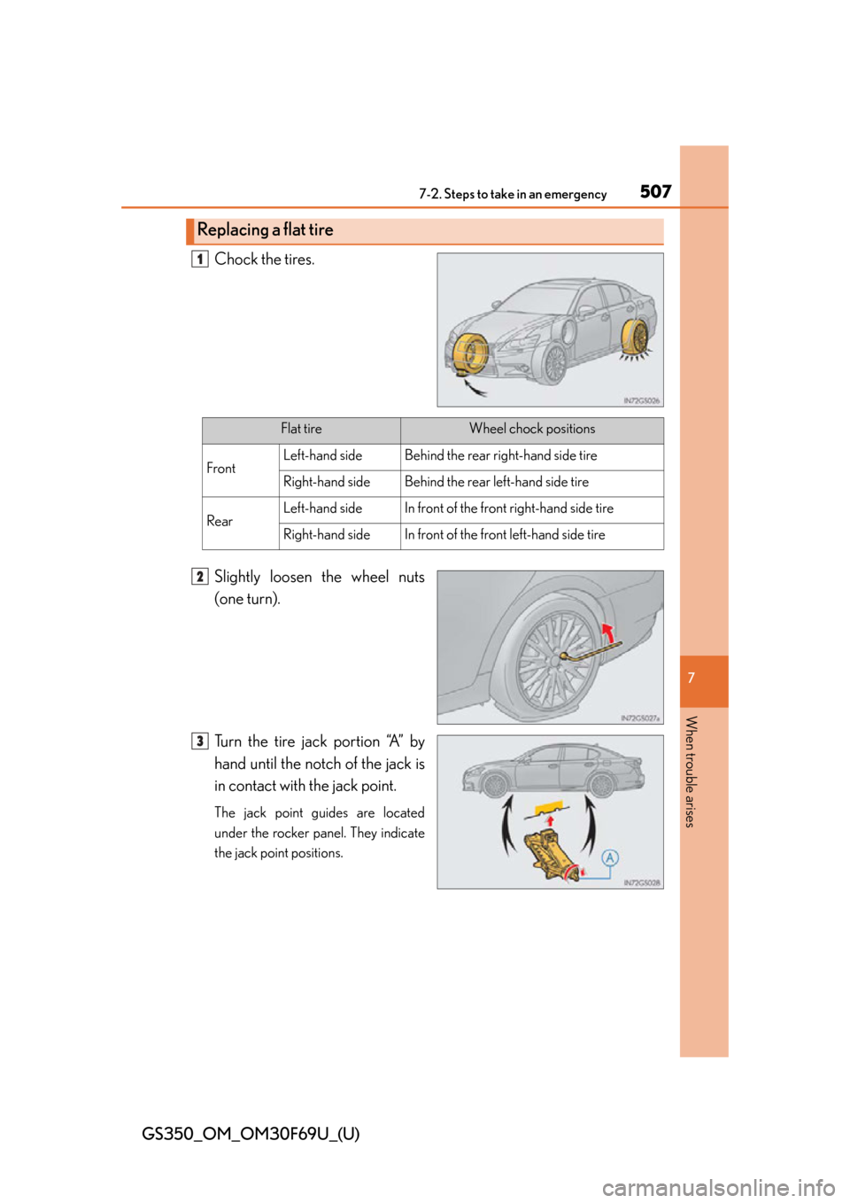 Lexus GS350 2015  TIPS FOR THE NAVIGATION SYSTEM / LEXUS 2015 GS350 FROM MAR. 2015 PROD. OWNERS MANUAL (OM30F69U) 5077-2. Steps to take in an emergency
GS350_OM_OM30F69U_(U)
7
When trouble arises
Chock the tires.
Slightly loosen the wheel nuts
(one turn).
Turn the tire jack portion “A” by
hand until the notch