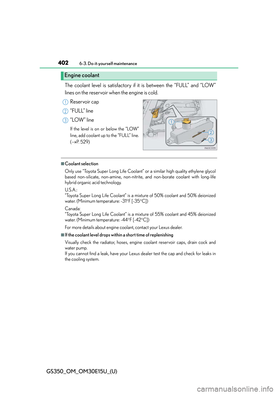 Lexus GS350 2015  Refueling / LEXUS 2015 GS350 OWNERS MANUAL (OM30E15U) 402
GS350_OM_OM30E15U_(U)
6-3. Do-it-yourself maintenance
The coolant level is satisfactory if it is between the “FULL” and “LOW”
lines on the reservoir wh en the engine is cold.
Reservoir cap