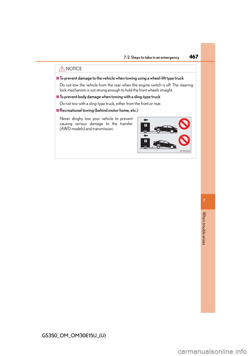 Lexus GS350 2015  Refueling / LEXUS 2015 GS350 OWNERS MANUAL (OM30E15U) 4677-2. Steps to take in an emergency
GS350_OM_OM30E15U_(U)
7
When trouble arises
NOTICE
■To prevent damage to the vehicle when towing using a wheel-lift type truck
Do not tow the vehicle from the r