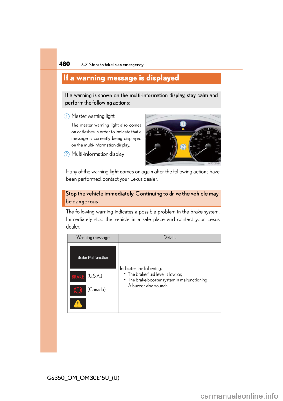 Lexus GS350 2015  Refueling / LEXUS 2015 GS350 OWNERS MANUAL (OM30E15U) 480
GS350_OM_OM30E15U_(U)
7-2. Steps to take in an emergency
If a warning message is displayed
Master warning light
The master warning light also comes
on or flashes in order to indicate that a
messag