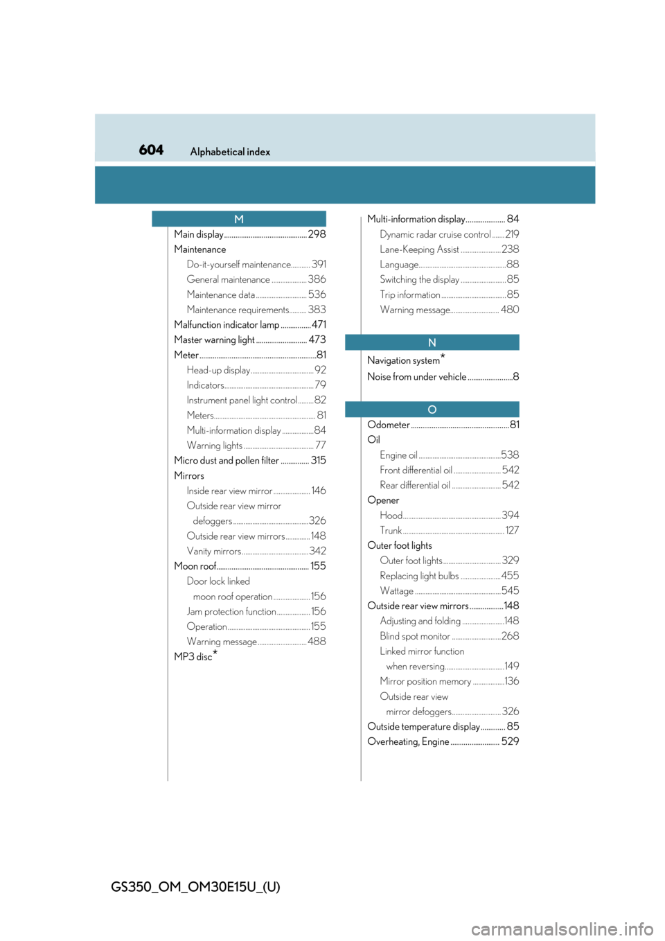 Lexus GS350 2015  Refueling / LEXUS 2015 GS350  (OM30E15U) Owners Manual 604Alphabetical index
GS350_OM_OM30E15U_(U)
Main display............................................ 298
MaintenanceDo-it-yourself maintenance........... 391
General maintenance .................... 3