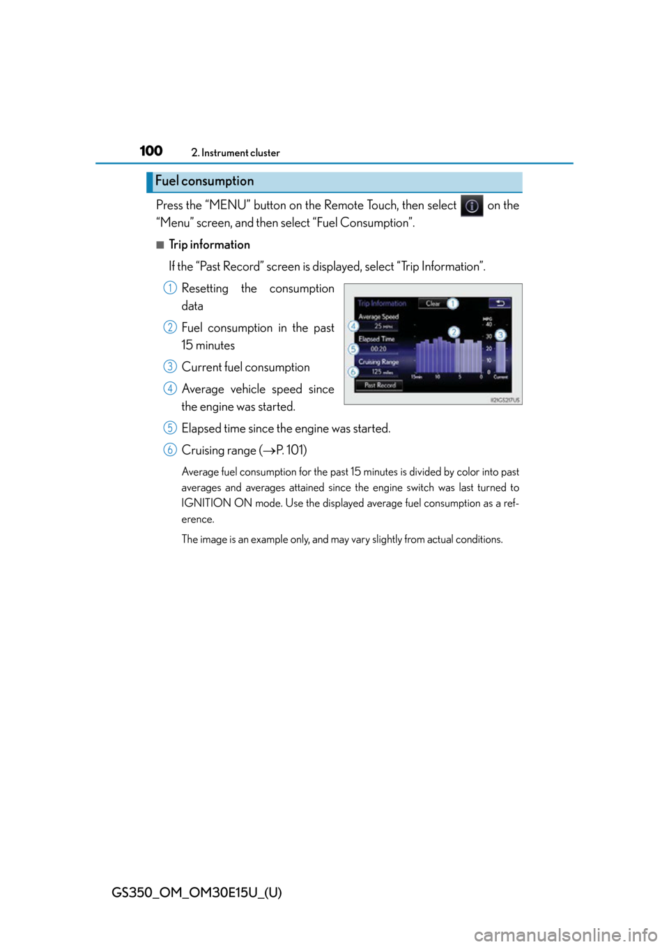 Lexus GS350 2015 Refueling / LEXUS 2015 GS350 OWNERS MANUAL (OM30E15U) 100
GS350_OM_OM30E15U_(U)
2. Instrument cluster
Press the “MENU” button on the Remote Touch, then select on the
“Menu” screen, and then select “Fuel Consumption”.
■Trip information
If Lexus GS350 2015 Refueling / LEXUS 2015 GS350 OWNERS MANUAL (OM30E15U) 100
GS350_OM_OM30E15U_(U)
2. Instrument cluster
Press the “MENU” button on the Remote Touch, then select on the
“Menu” screen, and then select “Fuel Consumption”.
■Trip information
If