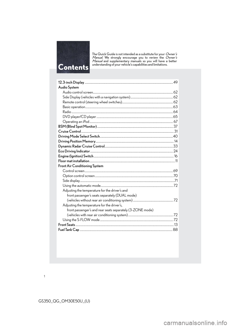 Lexus GS350 2015 Refueling / LEXUS 2015 GS350 OWNERS MANUAL QUICK GUIDE (OM30E50U) GS350_QG_OM30E50U_(U)
1
The Quick Guide is not intended as a substitute for your Owner’s
Manual. We strongly encourage you to review the Owner’s
Manual and supplementary manuals so you will have a Lexus GS350 2015 Refueling / LEXUS 2015 GS350 OWNERS MANUAL QUICK GUIDE (OM30E50U) GS350_QG_OM30E50U_(U)
1
The Quick Guide is not intended as a substitute for your Owner’s
Manual. We strongly encourage you to review the Owner’s
Manual and supplementary manuals so you will have a