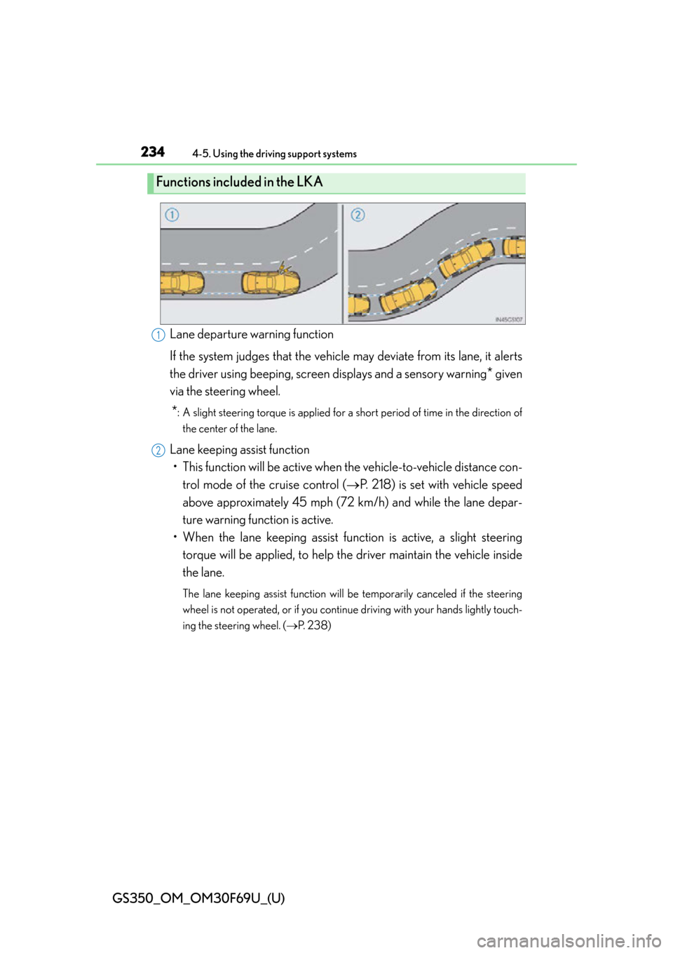 Lexus GS350 2015  Refueling / LEXUS 2015 GS350 FROM MAR. 2015 PROD. OWNERS MANUAL (OM30F69U) 234
GS350_OM_OM30F69U_(U)
4-5. Using the driving support systems
Lane departure warning function
If the system judges that the vehicle may deviate from its lane, it alerts
the driver using beeping, sc
