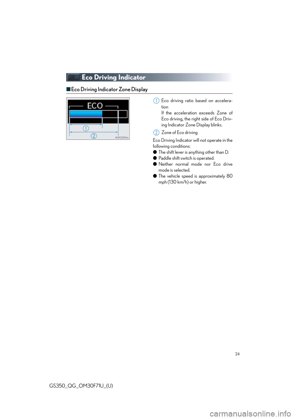 Lexus GS350 2015  Refueling / LEXUS 2015 GS350 FROM MAR. 2015 PROD. QUICK GUIDE  (OM30F71U) Owners Manual 24
GS350_QG_OM30F71U_(U)
Eco Driving Indicator
■Eco Driving Indicator Zone Display
Eco driving ratio based on accelera-
tion
If the acceleration exceeds Zone of
Eco driving, the right side of Eco Dr