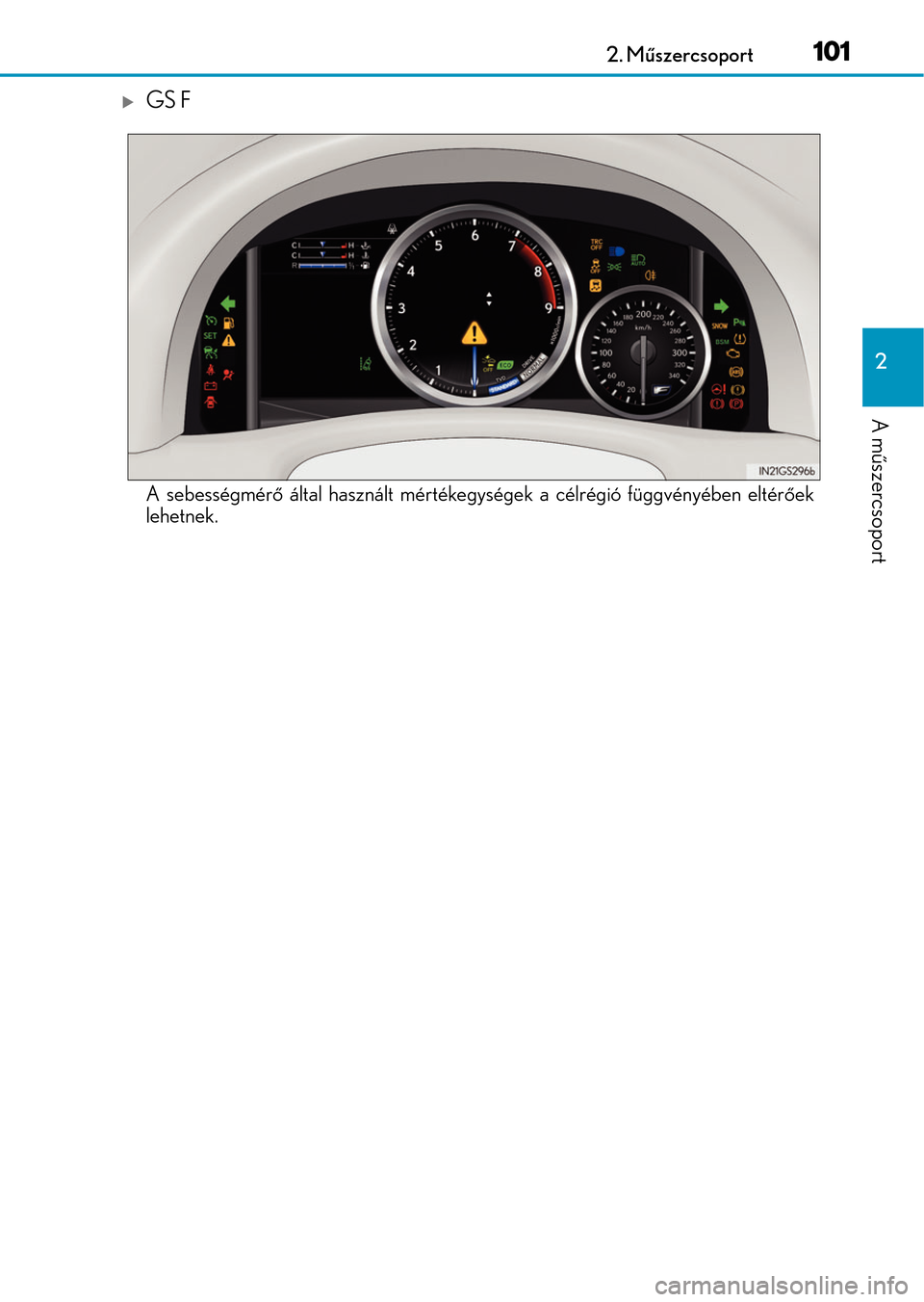 Lexus GS350 2015 Kezelési útmutató (in Hungarian) 1012. Műszercsoport
2
A műszercsoport
GS F
A sebességmérő által használt mértékegységek a célrégió függvényében eltérőek
lehetnek. Lexus GS350 2015 Kezelési útmutató (in Hungarian) 1012. Műszercsoport
2
A műszercsoport
GS F
A sebességmérő által használt mértékegységek a célrégió függvényében eltérőek
lehetnek.
