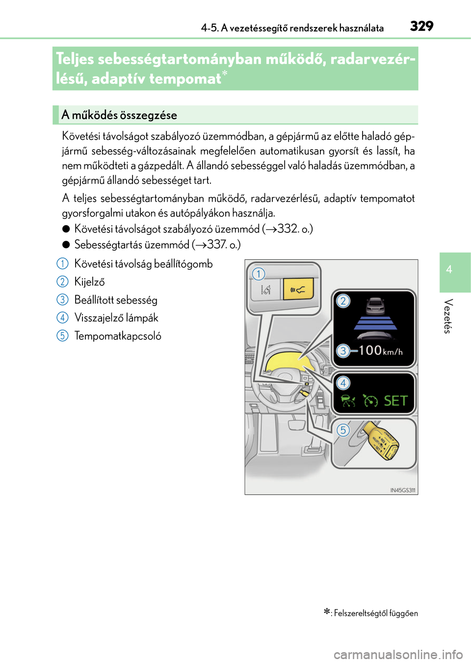 Lexus GS350 2015 Kezelési útmutató (in Hungarian) 329
4 4-5. A vezetéssegítő rendszerek használata
Vezetés
Teljes sebességtartományban működő, radarvezér-
lésű, adaptív tempomat
Követési távolságot szabályozó üzemmódban, Lexus GS350 2015 Kezelési útmutató (in Hungarian) 329
4 4-5. A vezetéssegítő rendszerek használata
Vezetés
Teljes sebességtartományban működő, radarvezér-
lésű, adaptív tempomat
Követési távolságot szabályozó üzemmódban,