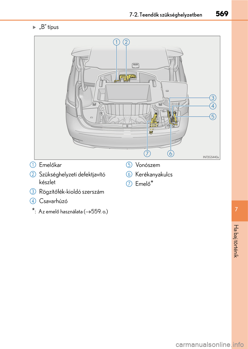 Lexus GS350 2015  Kezelési útmutató (in Hungarian) 5697-2. Teendők szükséghelyzetben
7
Ha baj történik
„B” típus
*:  Az emelő használata (559. o.)
Emelőkar
Szükséghelyzeti defektjavító 
készlet
Rögzítőfék-kioldó szerszám

