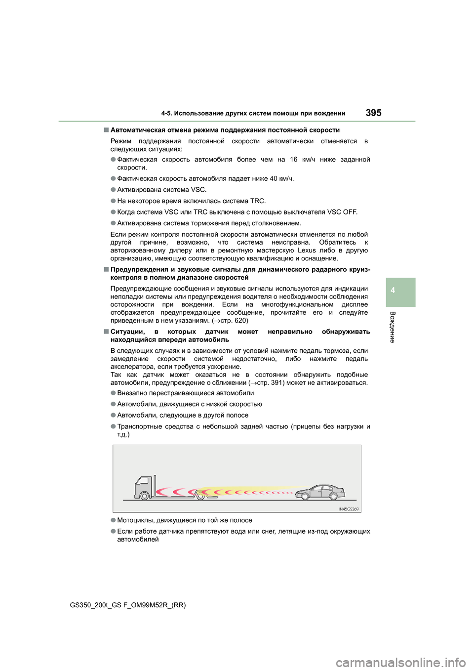 Lexus GS350 2015 Инструкция по эксплуатации (in Russian) 3954-5. Использование других систем помощи при вождении
4
Вождение
GS350_200t_GS F_OM99M52R_(RR) ■
Автоматическая отмена Lexus GS350 2015 Инструкция по эксплуатации (in Russian) 3954-5. Использование других систем помощи при вождении
4
Вождение
GS350_200t_GS F_OM99M52R_(RR) ■
Автоматическая отмена