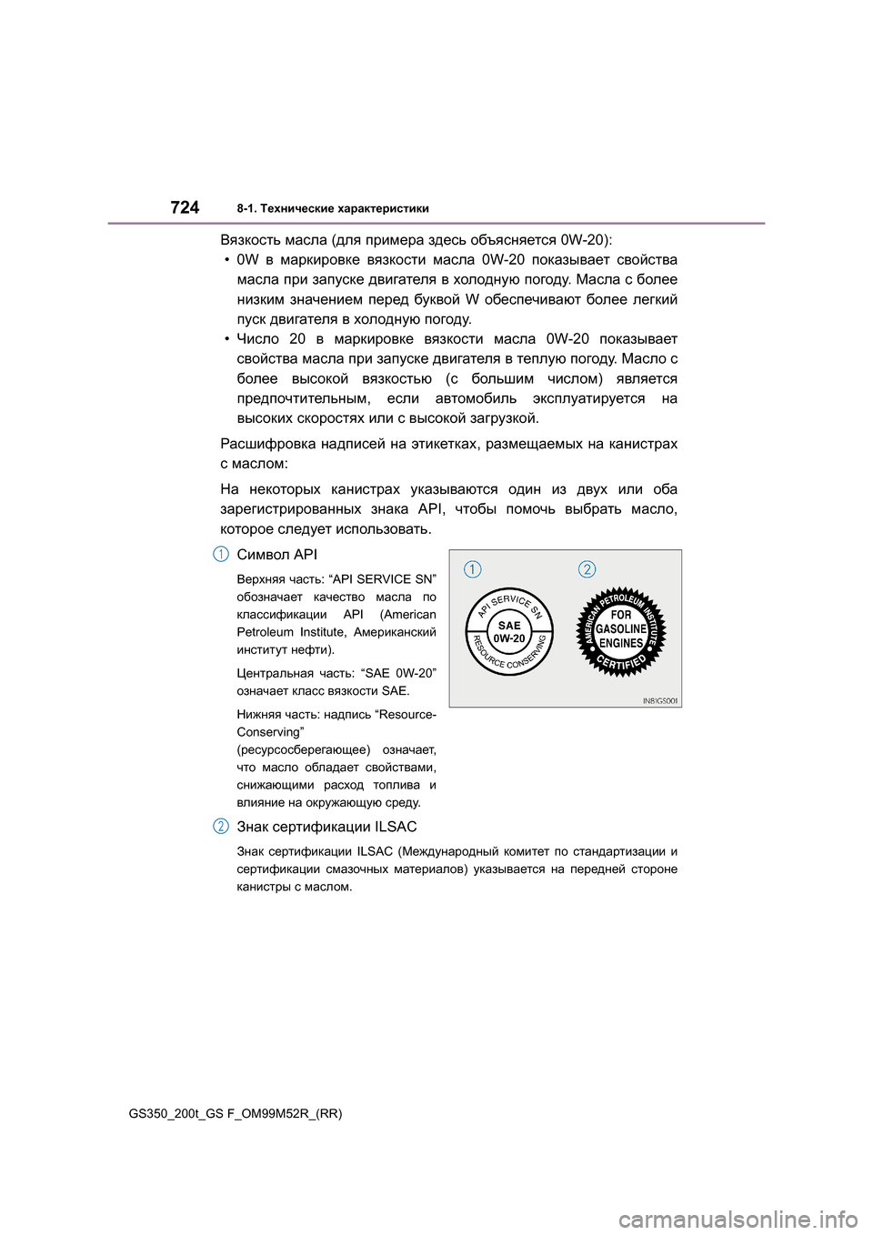 Lexus GS350 2015  Инструкция по эксплуатации (in Russian) 7248-1. Технические  характеристики
GS350_200t_GS F_OM99M52R_(RR)
Вязкость  масла  (для  примера  здесь  объясняется  0W-20):
•0W  в 