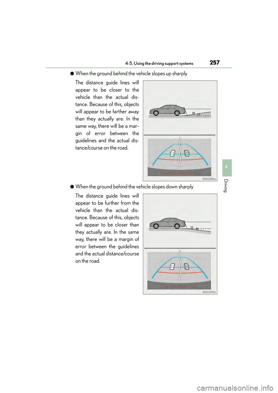Lexus GS350 2014  Owners Manual GS350_OM_OM30D41U_(U)
2574-5. Using the driving support systems
4
Driving
●When the ground behind the vehicle slopes up sharply
The distance guide lines will
appear to be closer to the
vehicle than 
