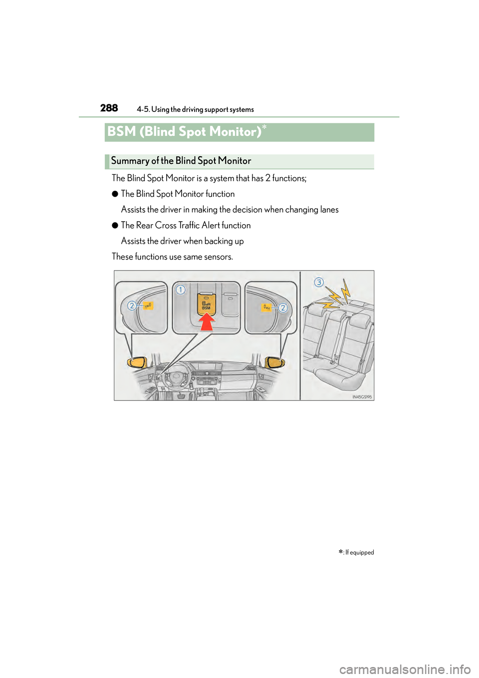 Lexus GS350 2014 Owners Manual 288
GS350_OM_OM30D41U_(U)
4-5. Using the driving support systems
BSM (Blind Spot Monitor)∗
The Blind Spot Monitor is a system that has 2 functions;
●The Blind Spot Monitor function
Assists the dri Lexus GS350 2014 Owners Manual 288
GS350_OM_OM30D41U_(U)
4-5. Using the driving support systems
BSM (Blind Spot Monitor)∗
The Blind Spot Monitor is a system that has 2 functions;
●The Blind Spot Monitor function
Assists the dri