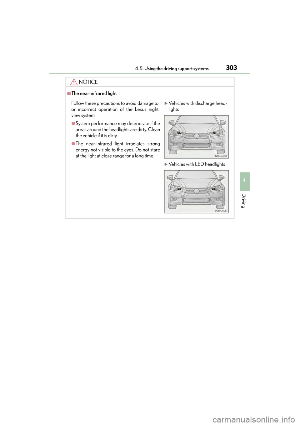 Lexus GS350 2014 Owners Manual GS350_OM_OM30D41U_(U)
3034-5. Using the driving support systems
4
Driving
NOTICE
■The near-infrared light
Follow these precautions to avoid damage to
or incorrect operation of the Lexus night
view s Lexus GS350 2014 Owners Manual GS350_OM_OM30D41U_(U)
3034-5. Using the driving support systems
4
Driving
NOTICE
■The near-infrared light
Follow these precautions to avoid damage to
or incorrect operation of the Lexus night
view s