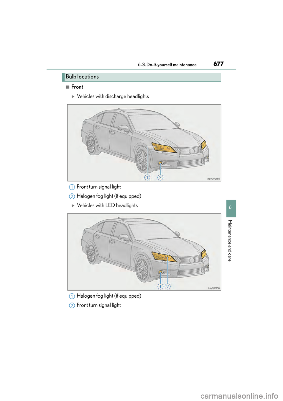 Lexus GS350 2014  Owners Manual GS350_OM_OM30D41U_(U)
6776-3. Do-it-yourself maintenance
6
Maintenance and care
■Front
�XVehicles with discharge headlights
Front turn signal light
Halogen fog light (if equipped)
�XVehicles with LE