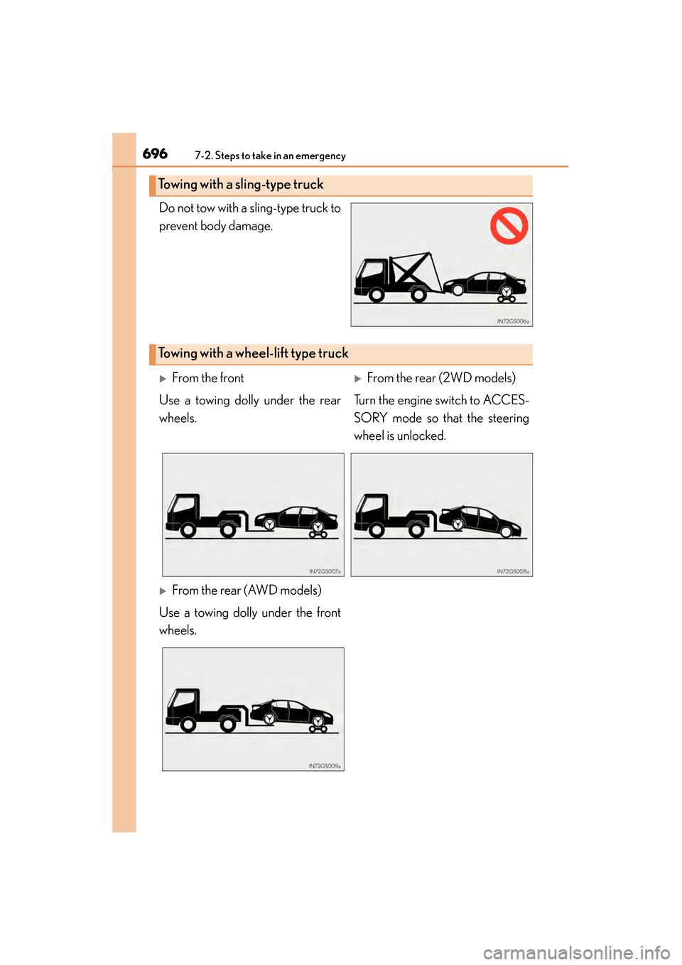 Lexus GS350 2014  Owners Manual 6967-2. Steps to take in an emergency
GS350_OM_OM30D41U_(U)Do not tow with a sling-type truck to
prevent body damage.
Towing with a sling-type truck
Towing with a wheel-lift type truck
�XFrom the fron