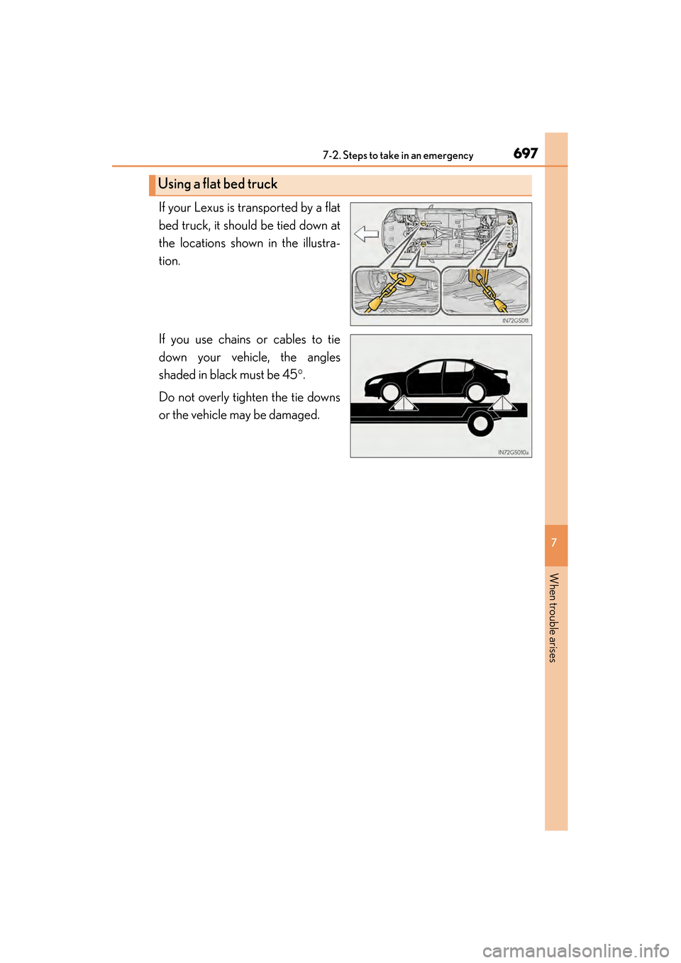 Lexus GS350 2014  Owners Manual 6977-2. Steps to take in an emergency
GS350_OM_OM30D41U_(U)
7
When trouble arises
If your Lexus is transported by a flat
bed truck, it should be tied down at
the locations shown in the illustra-
tion.