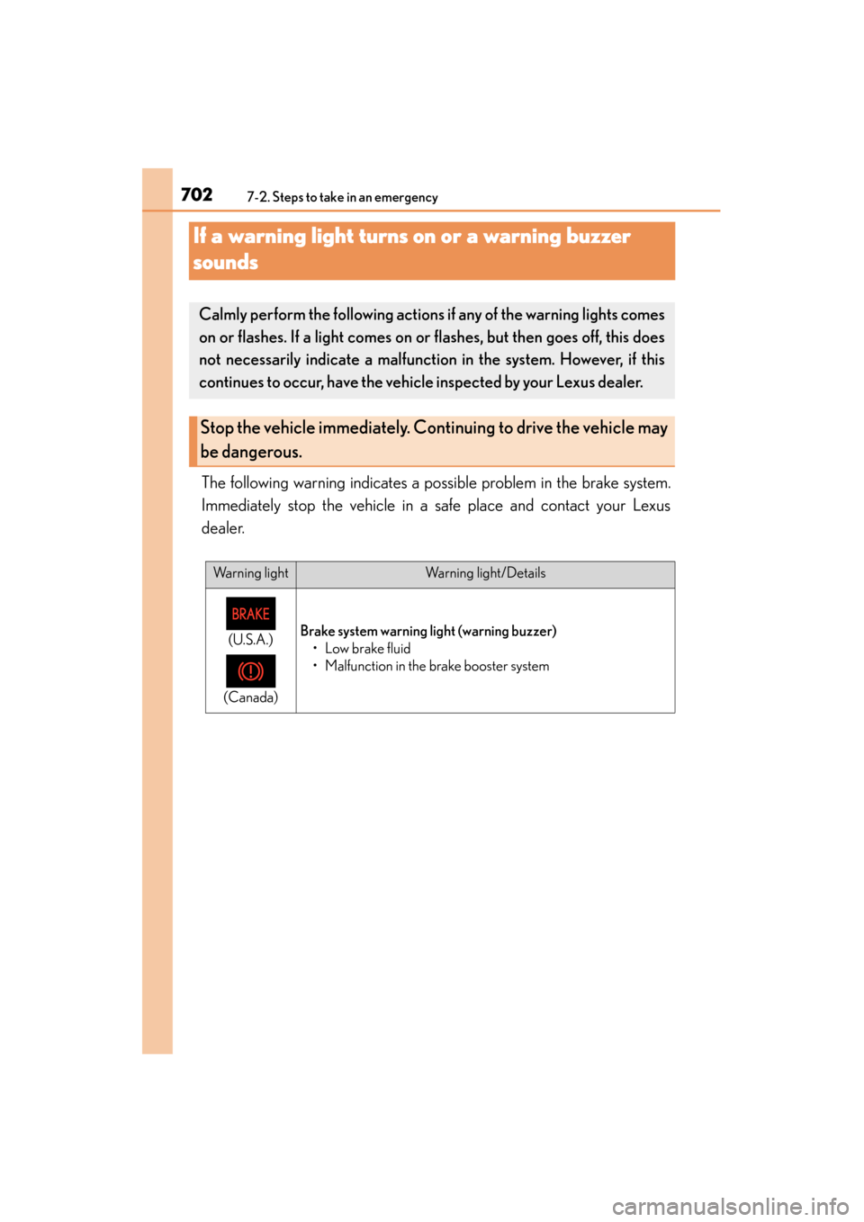 Lexus GS350 2014 Owners Manual 702
GS350_OM_OM30D41U_(U)
7-2. Steps to take in an emergency
If a warning light turns on or a warning buzzer
sounds
The following warning indicates a possible problem in the brake system.
Immediately Lexus GS350 2014 Owners Manual 702
GS350_OM_OM30D41U_(U)
7-2. Steps to take in an emergency
If a warning light turns on or a warning buzzer
sounds
The following warning indicates a possible problem in the brake system.
Immediately