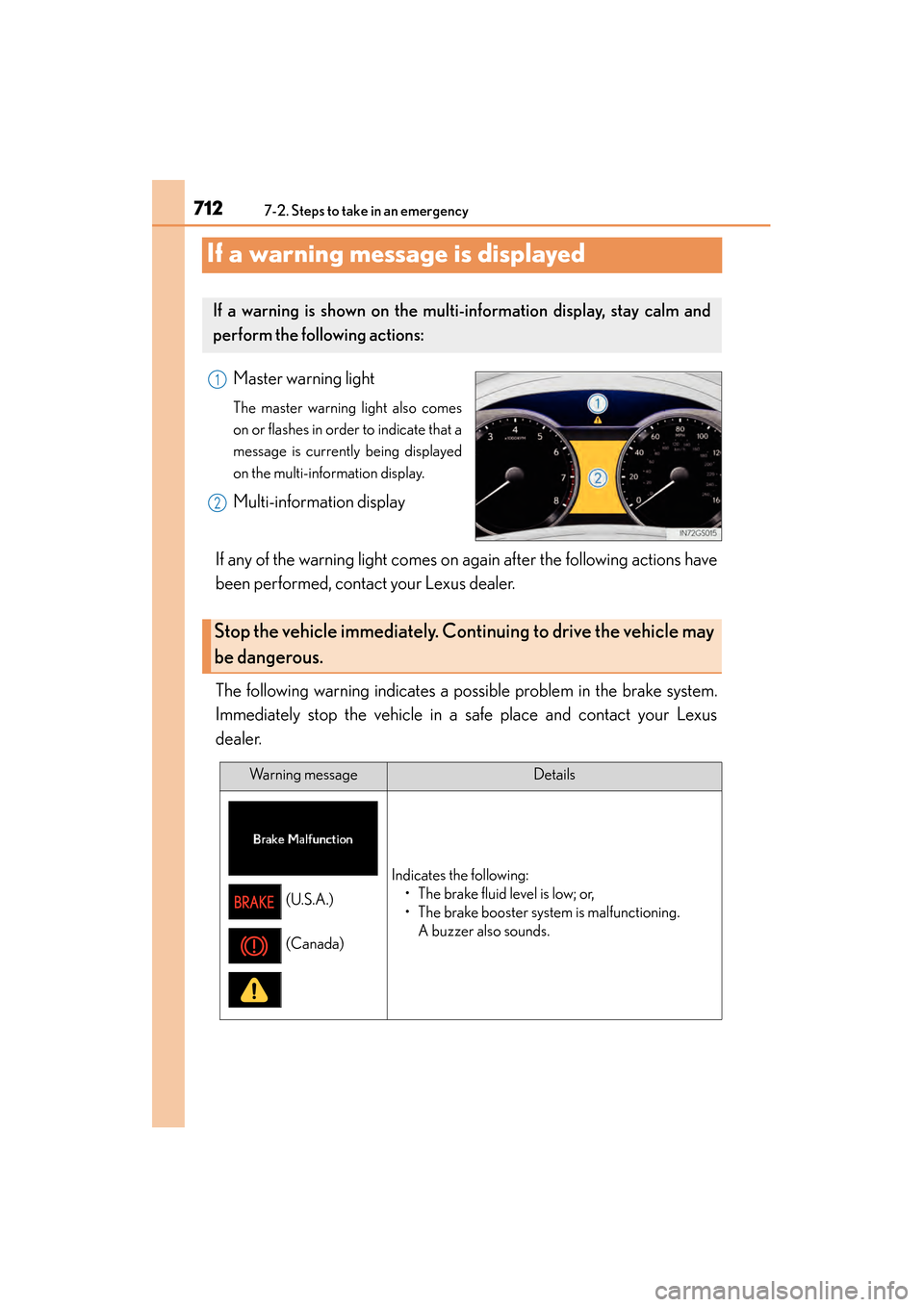 Lexus GS350 2014 Owners Manual 712
GS350_OM_OM30D41U_(U)
7-2. Steps to take in an emergency
If a warning message is displayed
Master warning light
The master warning light also comes
on or flashes in order to indicate that a
messag Lexus GS350 2014 Owners Manual 712
GS350_OM_OM30D41U_(U)
7-2. Steps to take in an emergency
If a warning message is displayed
Master warning light
The master warning light also comes
on or flashes in order to indicate that a
messag