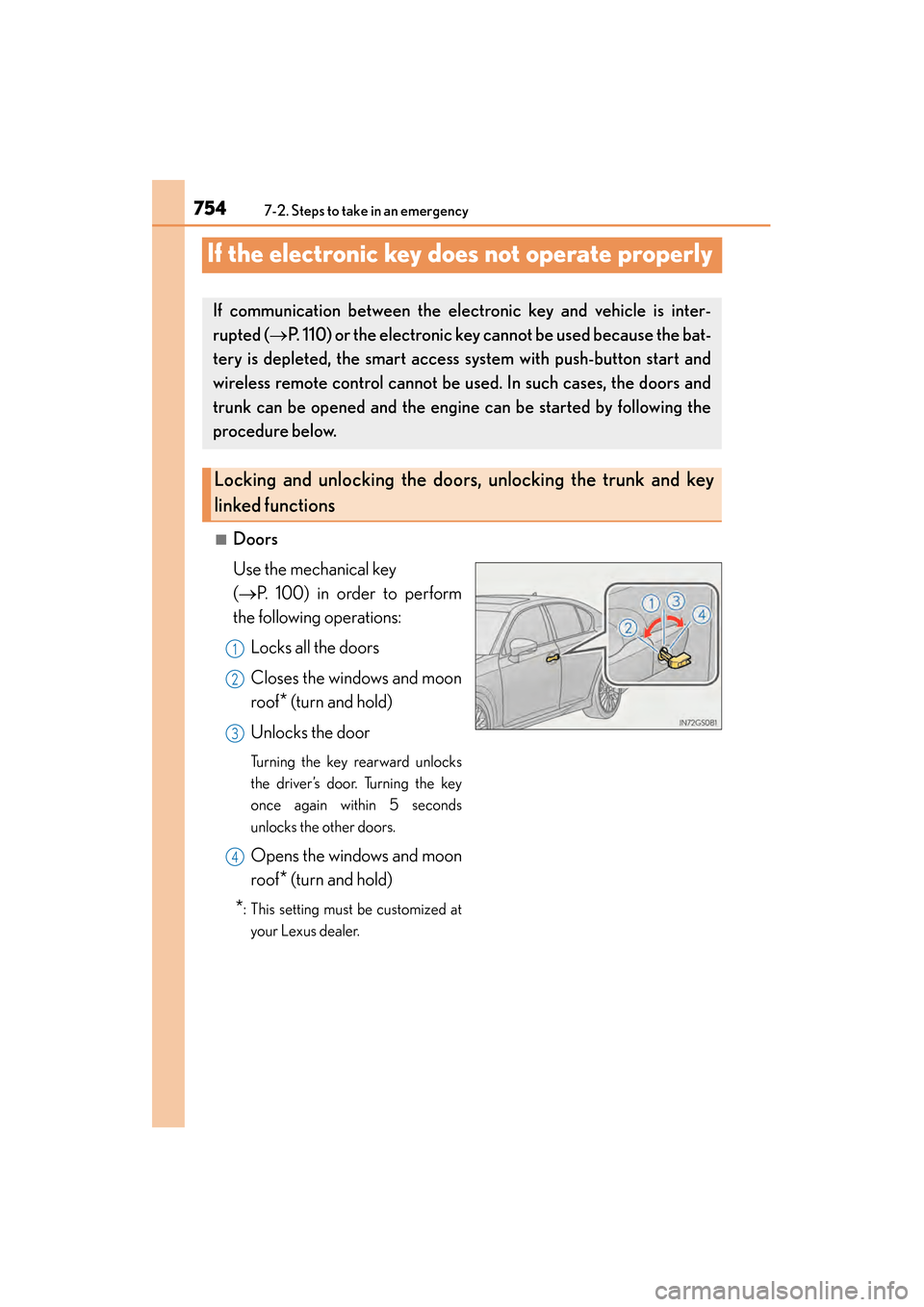 Lexus GS350 2014  Owners Manual 754
GS350_OM_OM30D41U_(U)
7-2. Steps to take in an emergency
If the electronic key does not operate properly
■Doors
Use the mechanical key 
(→P. 100) in order to perform
the following operations:
