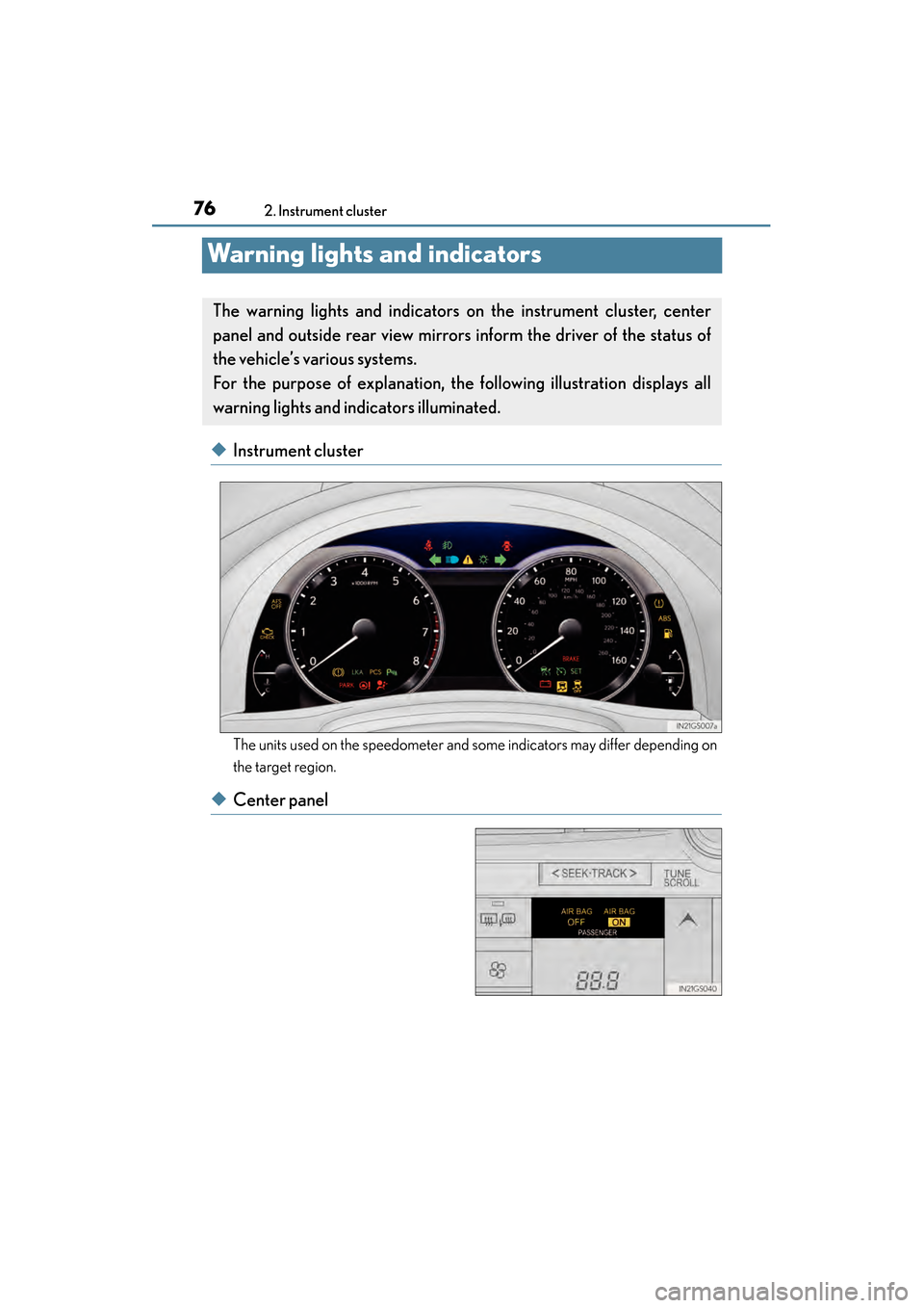 Lexus GS350 2014 Owners Manual 76
GS350_OM_OM30D41U_(U)
2. Instrument cluster
Warning lights and indicators
◆Instrument cluster
The units used on the speedometer and some indicators may differ depending on
the target region.
◆C Lexus GS350 2014 Owners Manual 76
GS350_OM_OM30D41U_(U)
2. Instrument cluster
Warning lights and indicators
◆Instrument cluster
The units used on the speedometer and some indicators may differ depending on
the target region.
◆C