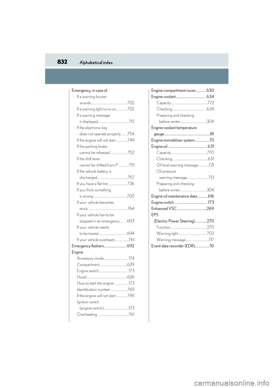 Lexus GS350 2014  Owners Manual 832Alphabetical index
GS350_OM_OM30D41U_(U)
Emergency, in case ofIf a warning buzzer 
sounds..................................................702
If a warning light turns on...............702
If a war