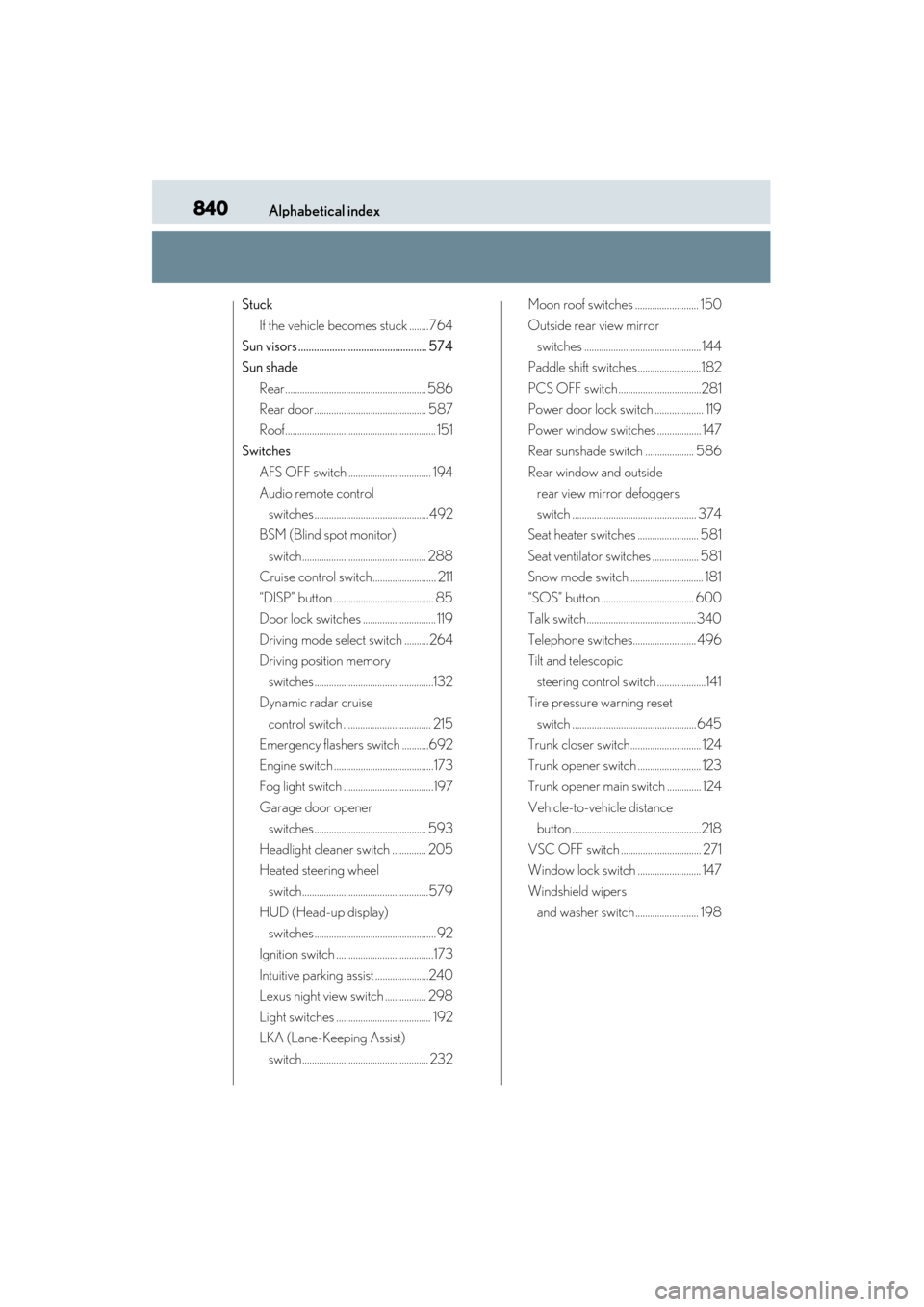 Lexus GS350 2014 Owners Manual 840Alphabetical index
GS350_OM_OM30D41U_(U)
StuckIf the vehicle becomes stuck ........ 764
Sun visors ................................................. 574
Sun shade Rear.............................. Lexus GS350 2014 Owners Manual 840Alphabetical index
GS350_OM_OM30D41U_(U)
StuckIf the vehicle becomes stuck ........ 764
Sun visors ................................................. 574
Sun shade Rear..............................